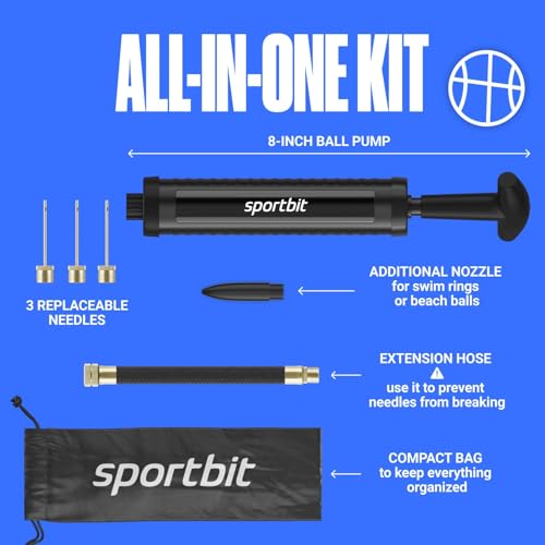 SPORTBIT Ball Pump for Sports Balls - Push & Pull Inflating System - Hand Pump for All Exercise Balls - Volleyball Pump, Basketball Inflator, Football & Soccer Ball Air Pump