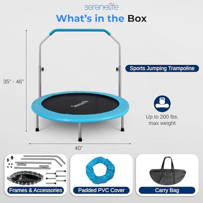 SereneLife 40" Foldable Mini Trampoline for Adults - Compact Fitness Rebounder with Adjustable Foam Handle, Exercise Trampoline with Max Load 330lbs, Indoor/Garden Whole-Body Workout - color: Sky Blue