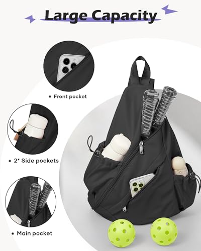 SEAFEW Black Pickleball Crossbody Sling Bag - Men's & Women's Pickleball Sports Backpack with Water Bottle Holder, Adjustable Pickleball - color: A1-black