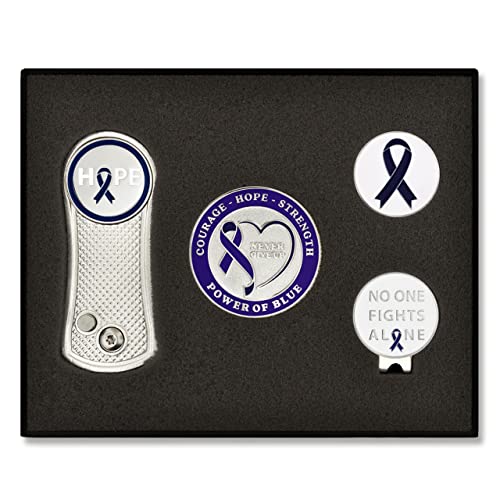 PinMart's Golf Essentials Gift Set - Golf Divot Tool, Hat Clip, Magnetic Ball Markers, Large Ball Marker with Presentation Box - Gifts and Accessories for Men and Women - color: Blue Awareness Ribbon