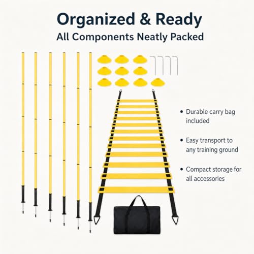 PVC Agility Ladder, 6m Speed and Agility Kit, 10 Training Cones & 6 Marker Poles, Sports Training Set with Carry Bag for Football