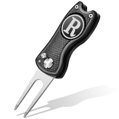 Golf Divot Repair Tool with Letter Custom Monogrammed Initial Ball Marker Divot Tool New Year Golf Gifts Foldable Metal with Magnetic Putt Alignment for Men Father Golfer - color: Black, style: Letter R