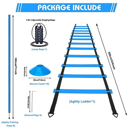 Agility Training Poles Equipment Soccer Training Equipment Includes 6 Agility Poles,Agility Ladder, 10 Soccer Cones,Jump Rope for Speed Training, Soccer Training, Basketball Athletes & Kids - color: Blue