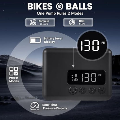 Mini Bike Pump 130PSI, Portable Bicycle Tire Pump with Pressure Gauge, Fast 30S Inflation for MTB/Road/E-Bike, Works with Presta & Schrader Valves, Includes Reflective Stickers