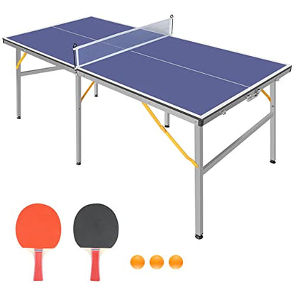 Mid-Size Table Tennis Table Foldable with Net, Foldable & Portable Ping Pong Table Set with 2 Table Tennis Paddles and 3 Balls for Small Spaces, Indoor/Outdoor Backyard Garden