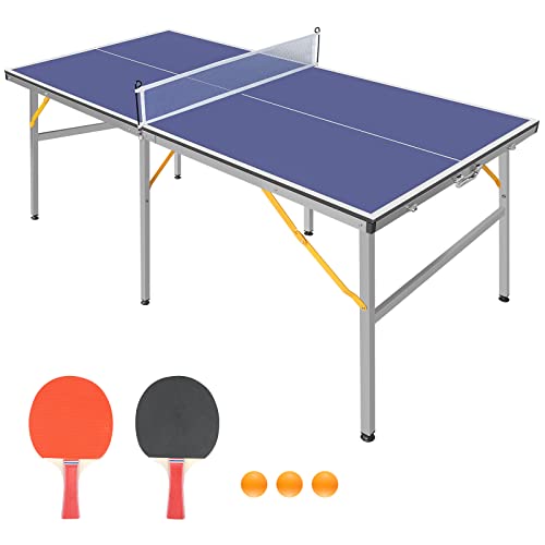 Mid-Size Table Tennis Table Foldable with Net, Foldable & Portable Ping Pong Table Set with 2 Table Tennis Paddles and 3 Balls for Small Spaces, Indoor/Outdoor Backyard Garden