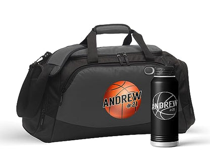 Personalized Basketball Duffel Bag Set Engraved Water Bottle | Coach Design Name Number Player Boys Girls Birthday Christmas - color: Charcoal/Black, size: Bag Only, style: Player