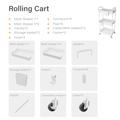 3 Tier Rolling Utility Cart with Handle,REBECAT Utility Cart Made of Multifunctional Storage Organizer Tool for Kitchen,Bathroom,Living Room,Office(White) - color: White