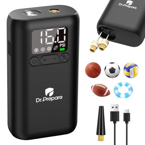 Dr.Prepare Electric Ball Pump Inflation,Basketball Air Pump with Pressure Display,16PSI,Auto-Off,LED Light,for Balls,Swim Ring,DP Camping Shower Bag,with 2 Inflation Needles,1 Adapter,1 Charging Cable