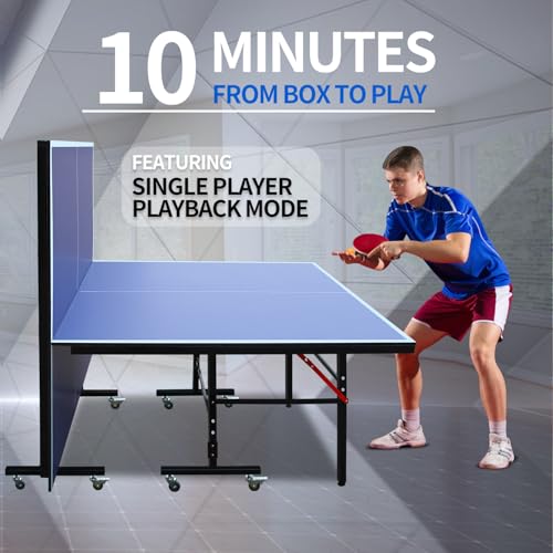 Professional Table Tennis Table, Foldable Ping Pong Game Set for Indoor, 8FT 9FT Single Player Playback Mode Ping Pong Table with Net and Post Set, 2 Paddles and 3 Balls (Blue-8x4FT-Thicker Legs)