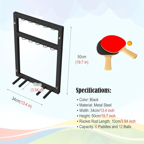 Ping Pong Paddles Holder Wall Mount, Metal Table Tennis Storage Rack for Game Room/ Man Cave/ Apartment - Holds 6 Paddles & 12 Balls, Space Saving Display Stand Holder Shelf Sport Equipment Organizer