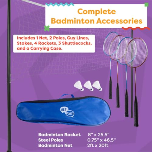Badminton Set - Backyard Games Include 4 Badminton Rackets, 3 Birdies, Regulation-Size Net with Pole Stakes and Carry Bag - Outdoor Sports by Hey Play