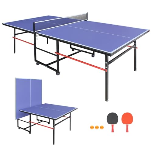8FT Outdoor Ping Pong Table, Foldable & Portable Table Tennis Set with Net, 2 Paddles & 3 Balls, Game Table with Single Player Playback Mode - color: Blue