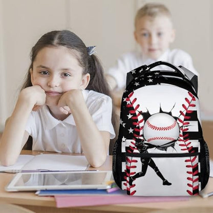 Mercuryelf Kids Backpack – Baseball School Bookbag for Boys and Teens, American Flag School Backpack for Preschool Kindergarten Elementary Students, 17 Inch - color: Black