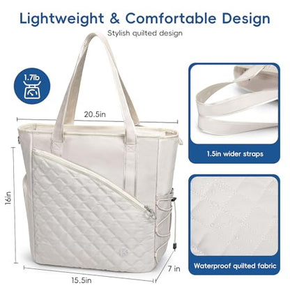 Pickleball Tote Bag for Women with Fence Hook, Quilted Pickleball Bag Holds 3-4 Paddles with Shoe Compartment & Wet Pocket - color: Beige