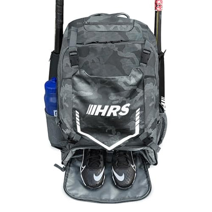 Hit Run Steal Bat Bag Backpack, Holds 4 Bats, Gloves, Helmet, and Cleats, Gray Camo
