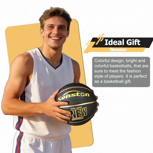 Senston 27.5''/29.5'' Outdoor Basketball Excellent Elasticity/Grip Rubber Basketballs with Pump, Durable Size 5/7 Men Basketball - color: Black/Gold, size: 29.5''(size 7)