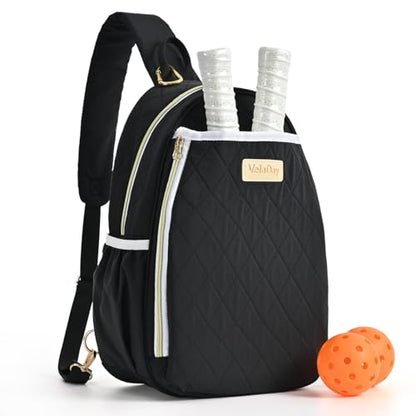 Pickleball Bag for Women, Quilted Stylish Sling Bag, Adjustable Shoulder Strap, 2 Storage Compartment Holds Paddles, Balls,Shoes - color: Black