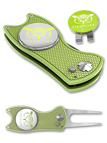 VISUALIZE Elite Switchblade Golf Divot Repair Tool Set with Ball Marker - Sturdy Anodized Aluminum - Perfect Golf Accessory Gift - color: Green-White