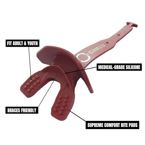 O Shield Striker Football Mouth Guard with Connected Strap, No Boil Brace Friendly Lip Guard for Tackle Football, Youth and Adult - color: Maroon