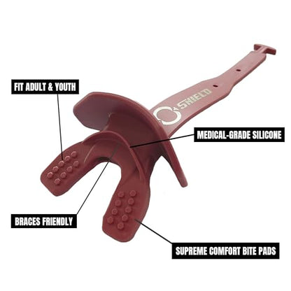 O Shield Striker Football Mouth Guard with Connected Strap, No Boil Brace Friendly Lip Guard for Tackle Football, Youth and Adult - color: Maroon