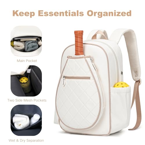 KAVIGOR Pickleball Bag, Quilted Pickleball Backpack with Shoe Compartment & Waterproof Pocket, Pickle Ball Paddle Bag Fits 2 to 4 Paddles for Women and Men - color: Beige