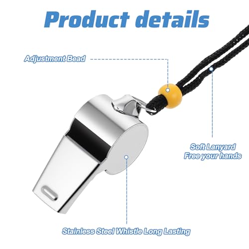 6 Pcs Metal Whistle, Stainless Steel Coach Whistle with Lanyard Buckle, Loud Crisp Sound Emergency Referee Whistles for Coaches, Lifeguards, Teachers & Sports Training, Silver