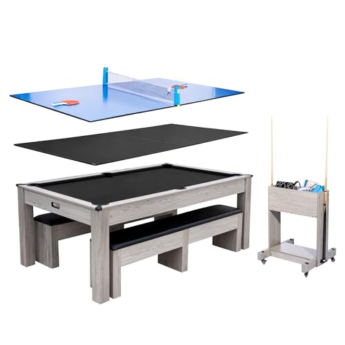 Garvee 7FT 3-in-1 Pool Table with Dining Top & Table Tennis, Multi Game Billiard Table Set with HDF Wood Grain Finish, Includes Cues, Balls, Ping Pong Paddles and Rolling Storage Caddy - color: Black