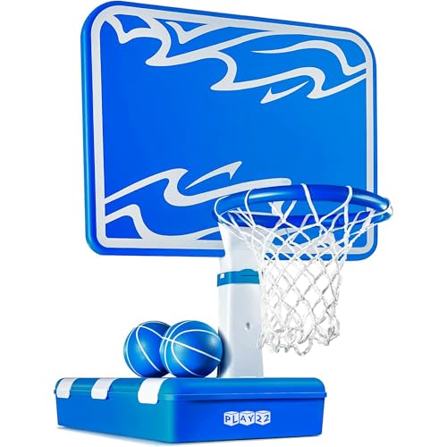 Play22 Pool Basketball Hoop Set - Large 33" Backboard, Adjustable Height Poolside Game with 7-Gal Water Bag in Base (58 lbs), Compact Storage, Durable for Sun & Pool Use, Includes 2 Balls & Pump