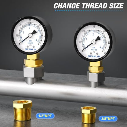 0-60Psi 2" DIAL FACE 1/4" NPT Well Pump Pressure Gauge, with 1/2" NPT and 3/8" NPT Hex Bushing, Pool Sand Filter WOG Water Oil Air Pressure Test, Lower Mount (Pack of 2) - size: 0-60Psi/2PCS, style: 1/4"NPT Lower Mount