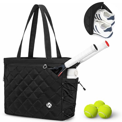 KAVIGOR Tennis Tote Bag with Shoe Compartment - Extra-Large Quilted Pickleball Bag Holds 2-4 Rackets, Water-Resistant & Lightweight for Men & Women