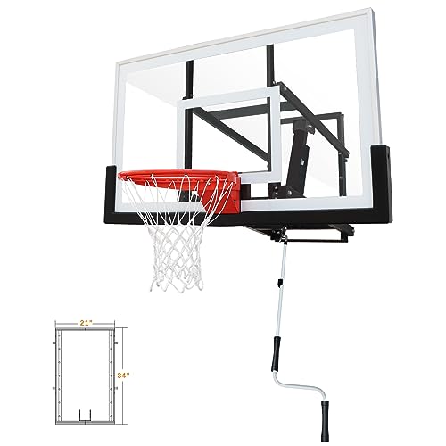 Basketball Hoop Garage Wall Mounted Adjustable-Height, with 60''x36''Tempered Glass Backboard, Pro-Style Breakaway Rim, Durable Bracket and All Weather Net