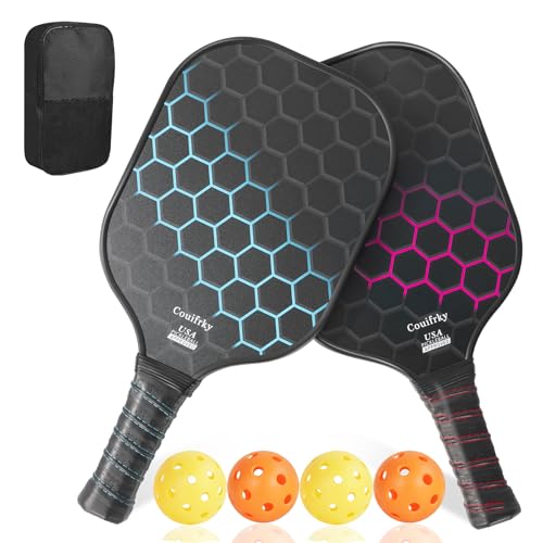 Fiberglass Pickleball Paddles Set of 2 with Balls and Bag - 4 Premium Indoor/Outdoor Pickleballs, Portable Carry Case, Durable Paddles for Men, Women, Beginners & All Skill Levels