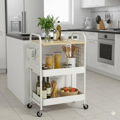 danpinera 3 Tier Rolling Cart with Wooden Table Top, White Rolling Utility Cart with DIY Pegboards & Locked Wheels, Easy Assembly for Nursery, Living Room, Studio - color: White, size: without drawer