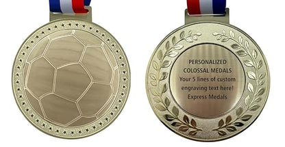 Express Medals Pack of 1 (or More) Colossal 5 Inch Gold Soccer Award Medals Variations with or Without Engraving Personalization Engraved Custom Text Names - color: Yes Engraving
