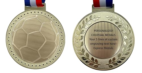 Express Medals Pack of 1 (or More) Colossal 5 Inch Gold Soccer Award Medals Variations with or Without Engraving Personalization Engraved Custom Text Names - color: Yes Engraving