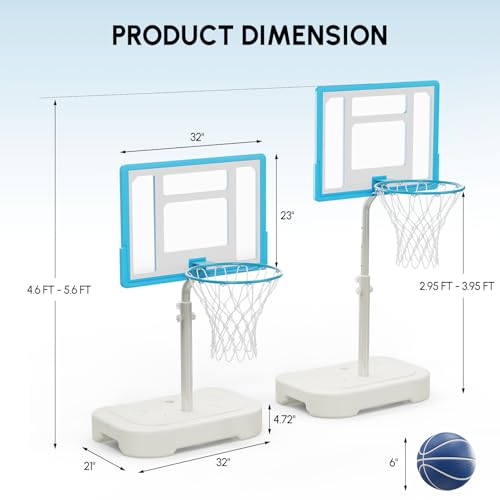 PEXMOR 2.95FT - 3.94FT Adjustable Height Basketball Hoop for Poolside, Shatterproof PC Backboard & Impact Resistant Filling Base, Upgraded Knobs Adjust Height Easily, for Pool Outdoor Teens Adults