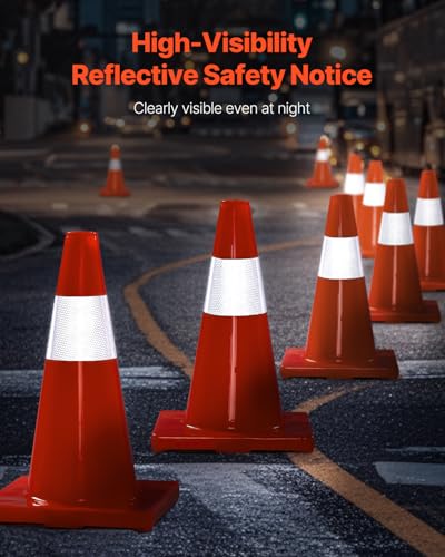 VEVOR 12Pack 18" Traffic Cones, Safety Road Parking Cones PVC Base, Orange Traffic Cone with Reflective Collars, Hazard Construction Cones for Home Traffic Parking - size: 18"(12Cones)