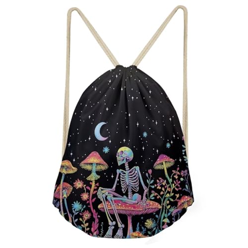 Mumeson Skeleton Mushroom Moon Star Drawstring Backpack Cool Travel Bag Sports Athletic Gym Sack for Women Men Girls Boys - color: Skeleton Mushroom Moon Star