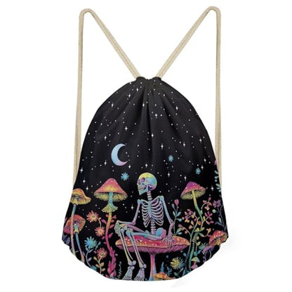 Mumeson Skeleton Mushroom Moon Star Drawstring Backpack Cool Travel Bag Sports Athletic Gym Sack for Women Men Girls Boys - color: Skeleton Mushroom Moon Star