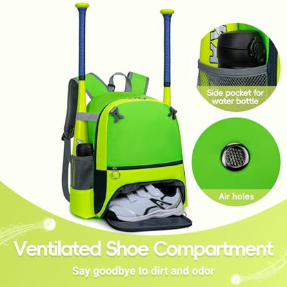 KAVIGOR 2026 Youth Baseball & Softball Bag | Ultra-Light Tball Backpack with Shoe Compartment & Helmet Holder | Skin-Soft Fabric - color: Green