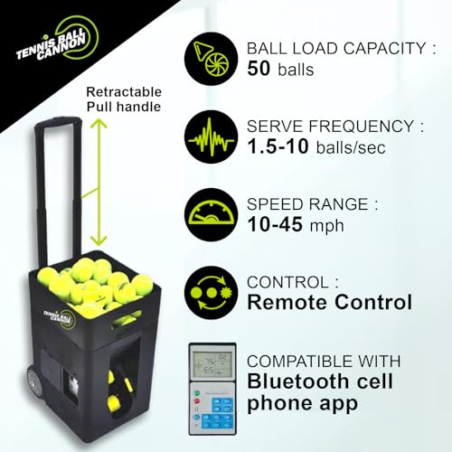 Portable Tennis Ball Machine 22 lbs for Beginners, Dual Motor for Top Spin & Backspin, 50+ Ball Capacity, Max 45 MPH Speed, 4+ Hour Rechargeable Battery, App and Remote Controlled
