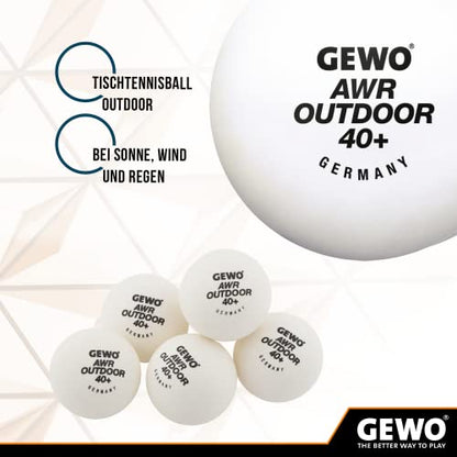 GEWO AWR Outdoor 40+ Table Tennis Balls - Water-Repellent Plastic Outdoor Table Tennis Balls for Outdoor Use, Weather-Resistant Training Table Tennis Balls, 40 + mm Diameter, Pack of 6