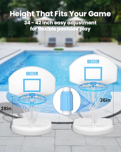 IGL Poolside Basketball Hoop, Swimming Pool Basketball Hoop with 28 Inch Backboard, Height Adjustment Pool Basketball Goals with Stainless Steel Rim, Includes 2 Balls & Pump - size: 28in Backboard