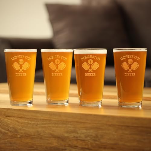 Bevvee Designated Dinker - Pint Glass for Beer - Funny Pickleball Themed Decor and Gifts - Set of 4-16 oz Glasses - style: Set of 4