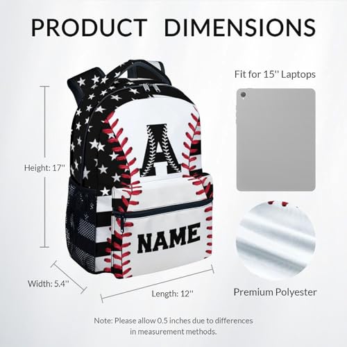 Mercuryelf Kids Backpack – Custom Baseball School Bookbag for Boys and Teens, American Flag Star Monogram School Backpack for Elementary Middle School Students, 17 Inch