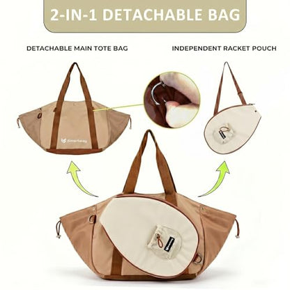 Smartway Pickleball Tote Bag for Women, Stylish Tennis Bag with Detachable Paddle Pocket, Waterproof Large Capacity Court Shoulder Bag for Gym, Daily & Weekend Trips, Men Ideal Pickleball Gifts - color: Brown
