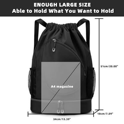 Sports Drawstring Backpack, Badminton Gym Bag Holds 2 Rackets with Shoe Compartment, Off-work, Everyday & Overnight Weekend - color: Black