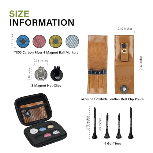 SANDIAN [Full Set], Golf Ball Markers Carbon Fiber T800 Full Set with Genuine Brown Leather Belt Clip Tee Holder Pouch, Magnetic Hat Clips, Storage Case [Brown Leather]