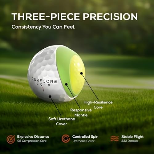 PURECORE Performance+ Distance Golf Balls – Premium 3-Piece Urethane | 98 Compression | Extra Soft Feel, Predictable Flight, Balanced Spin & Consistent Distance